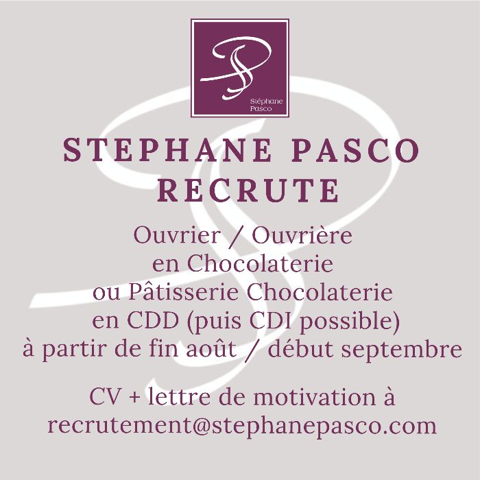 Stéphane Pasco, artisan Chocolatier à Nantes, recrute un(e) ouvrier(e) en Chocolaterie en CDD, à partir de fin août 2024